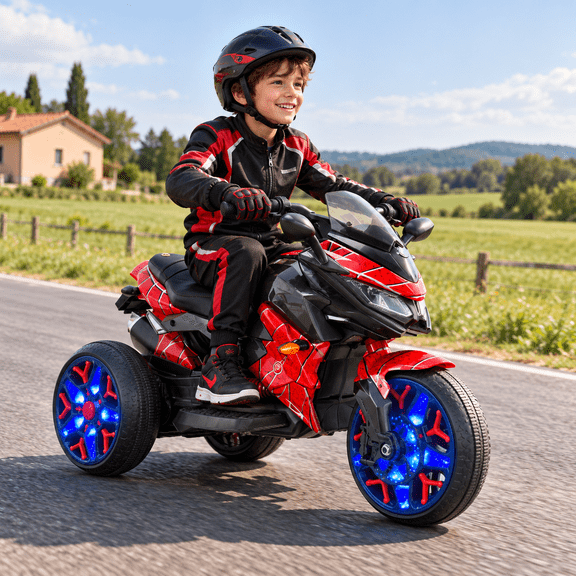 12V Kids Ride On Motorcycle, Spider Themed 3-Wheel Electric Toy with LED Wheels, Music & Wireless Connection, Max 100LBS, Motorcycle for Boys Girls