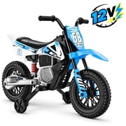 12V Kids Ride-On Motorcycle with Training Wheels,2 25W Motors, Throttle Grip, Spring Suspension, Bluetooth & Music, Electric Dirt Bike for Ages 3-8,Blue