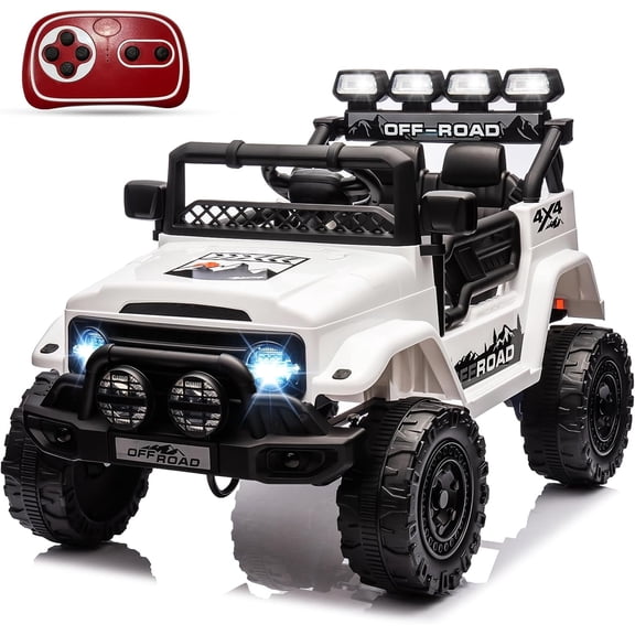 12V Kids Ride-On Toy Truck for Ages 3-8 – 5 MPH Max Speed, Remote Control, Steering Wheel, Accelerator Pedal, Treaded Tires, LED Lights, Music & Story Modes – Electric Ride-On Vehicle, White
