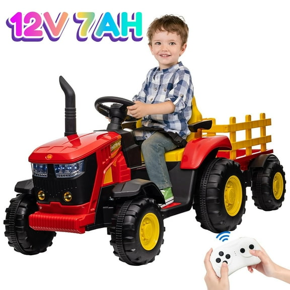 12V Kids Ride-On Tractor with Remote Control, Battery Powered Tractor Car Toy with Dual 35W Motors, Detachable Trailer, Safety Features, Music – Perfect for Boys & Girls, Red