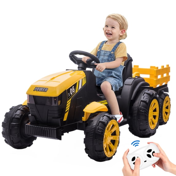 12V Kids Ride On Tractor with Trailer,Battery Powered Electric Vehicles with Remote Control,Safety Belt Led Lights Music,Gift for Boys Girls