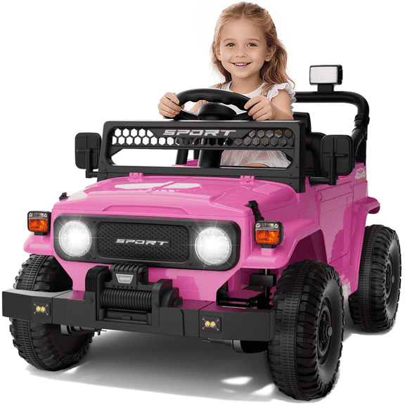 HHVEL 12V 7Ah Power-Wheels Jeep, Ride on Cars with Remote Control for Girls, 3 Speeds, Electric Cars for Kids 3-5, Spring Suspension, Bluetooth Music & LED Lights, Pink