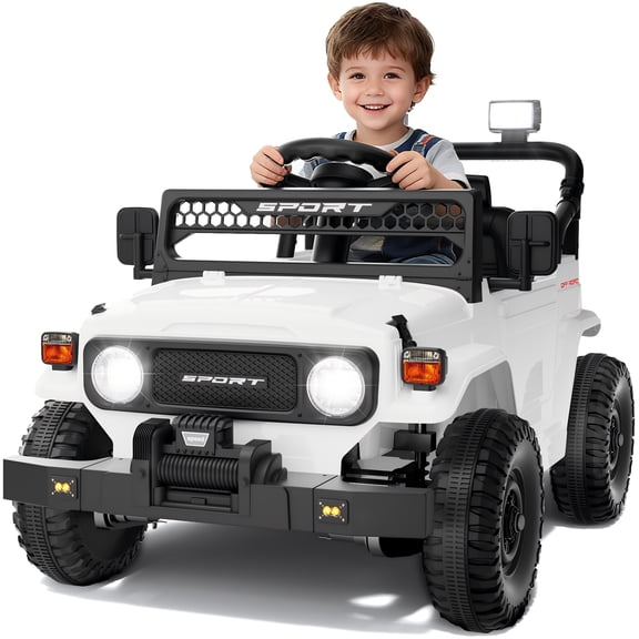 HHVEL 12V 7Ah Power-Wheels Jeep, Ride on Cars with Remote Control for Girls, 3 Speeds, Electric Cars for Kids 3-5, Spring Suspension, Bluetooth Music & LED Lights, White