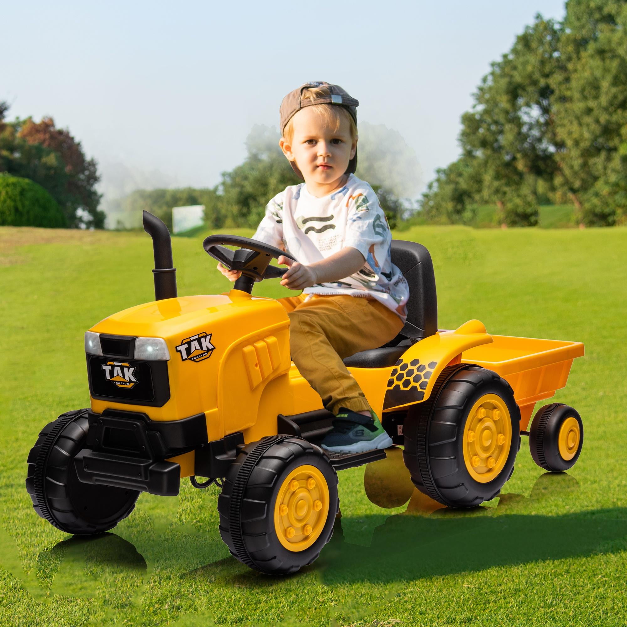 12V Yellow Kids Ride-On Tractor with Trailer and Remote Control