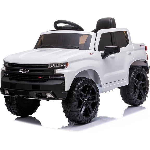 12V Kids Ride On Truck – Licensed Sīlvērǎdǒ Trail Boss, Dual Control, Remote Control, MP3/Bluetooth, Spring Suspension, LED Lights, Rechargeable Battery – Electric Vehicle for Kids 3-8 Years, White