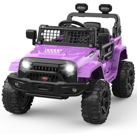 Hetoy 12V Kids Ride-On Truck, Electric Vehicle with Parent Remote Control, Forward/Reverse, Spring Suspension, LED Lights, Bluetooth, Music, 2 Speeds (Purple)
