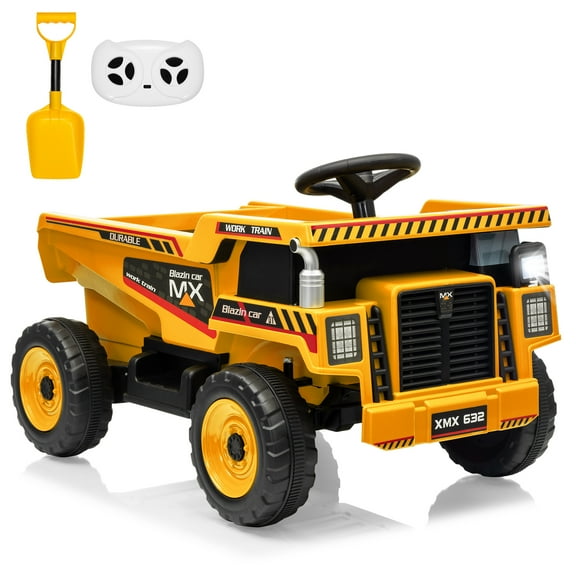 12V Kids Ride on Dump Truck with Remote Control, Electric Dump Bed & Shovel, Construction Vehicle Toy with Music, LED Lights for Ages 3-8, Yellow