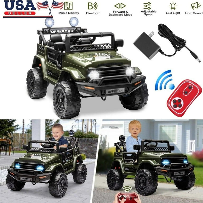 CURUK 12V Kids Electric Jeep SUV, Seats, Green, LED Lights