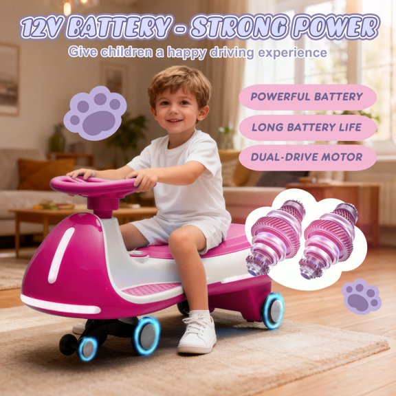 12V Kids ride on Electric Wiggle Car W/2-in-1 Smart Design,Controllable LED Lights,Flashing PU Wheels&Wide front auxiliary wheels,Triangular Stability Frame,5MPH Max Speed,Bluetooth Music,for kids 3-