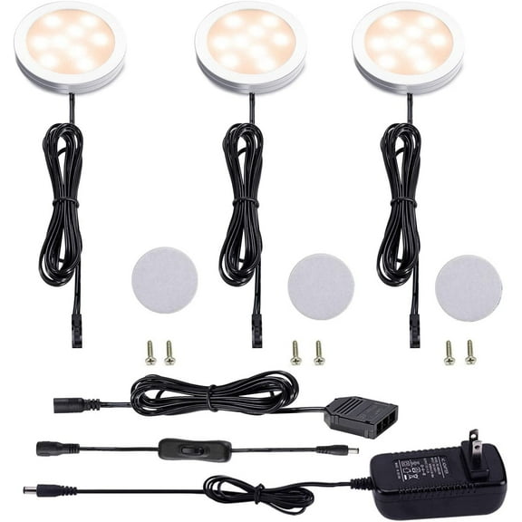Slim Aluminum 12V LED Under Cabinet Lighting Kit - 3 Pack Warm White Puck Lights with 2-Way Switch and All Accessories Included for Counter and Closet Lighting (6W)