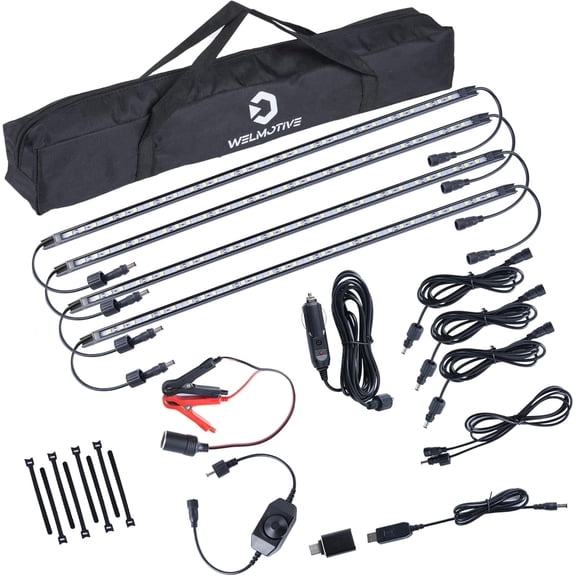 12V LED Interior Light Bar Kit, 4 Bars White Adjustable Brightness RV Camping Lights - Waterproof IP67, Magnetic & Velcro Mount, Portable Lighting for Tent, Car, Trailer, Boat, Truck, CabinBlack