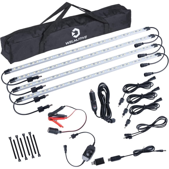 12V LED Light Bar Kit, 4 Bars White & 4 Bars Amber Adjustable Brightness Camping Lights - Waterproof IP67, Magnetic & Velcro Mount, Portable Lighting for Tent (Sliver)