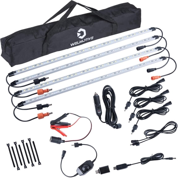 12V LED Light Bar Kit, 2 Bars White & 2 Bars Amber Adjustable Brightness RV Camping Lights - Waterproof IP67, Magnetic & Velcro Mount, Portable Lighting for Tent, Car, Trailer, Boat, Truck (Sliver)