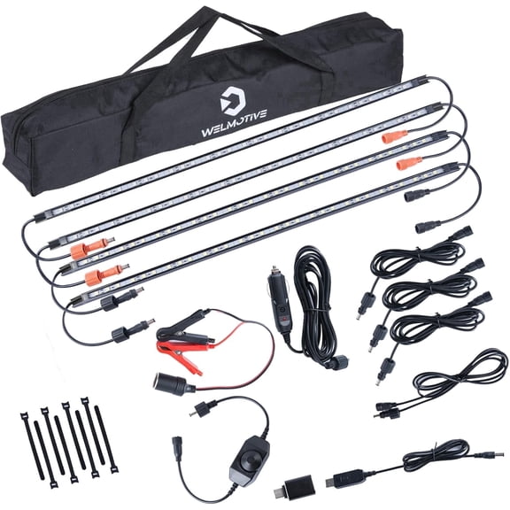 12V LED Light Bar Kit, 2 Bars White & 2 Bars Amber Adjustable Brightness RV Camping Lights - Waterproof IP67, Magnetic & Velcro Mount, Portable Lighting for Tent, Car, Trailer, Boat, Truck(Black)