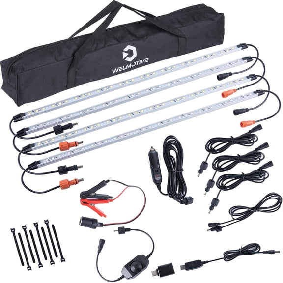 12V LED Light Bar Kit, 2 Bars White & 2 Bars Amber Adjustable Brightness RV Camping Lights - Waterproof IP67, Magnetic & Velcro Mount, Portable Lighting for Tent, Car, Trailer, Boat, Truck (Sliver)