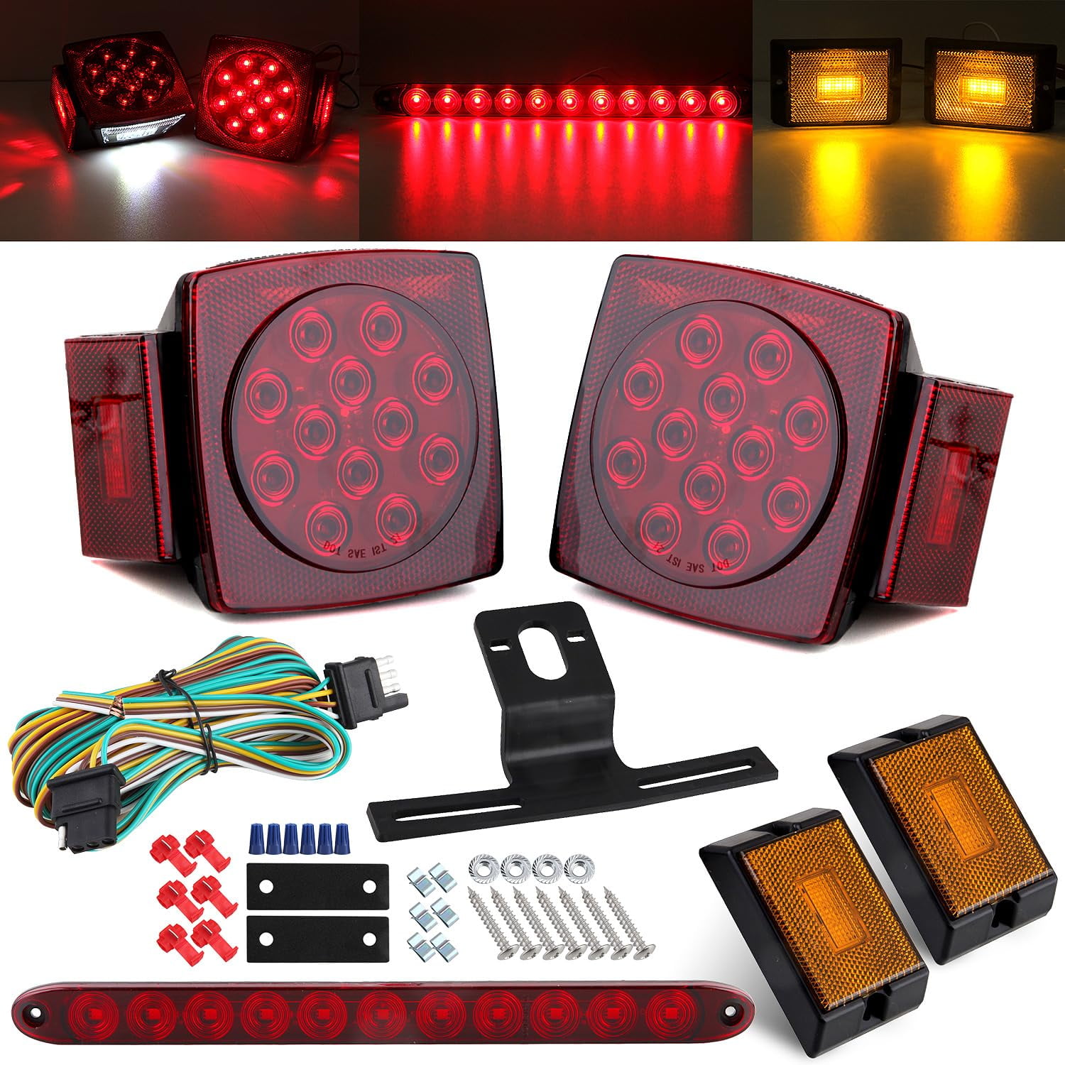 12V LED Trailer Lights DHF10 Wiring Kit, Square Led Stop Turn Tail w