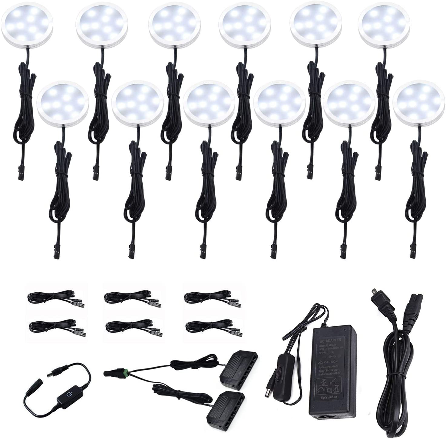 12V Daylight White LED Under Cabinet Touch Dimming Puck Lights