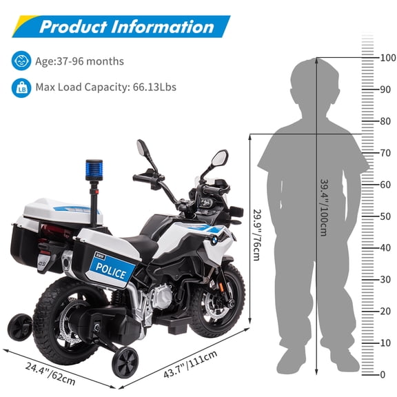 12V Licensed Police Kids Ride-On Motorcycle with Remote Control, LED Lights, Music, EVA Tires Ages 3-8