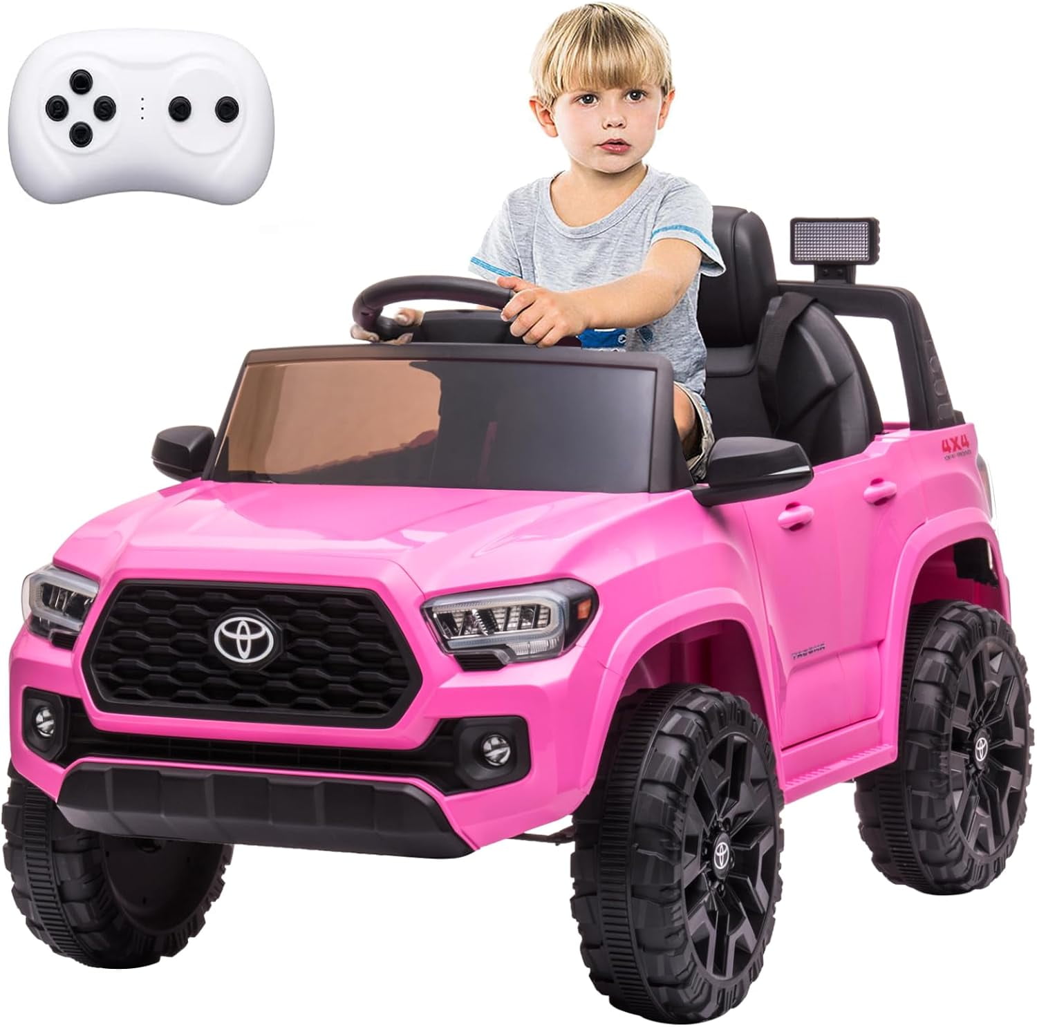12V Licensed Toyota Tacoma Electric Car with Remote Control, Spring Suspension, Safety Belt, 2-Speed Ride-On Vehicle with Headlights, Pink