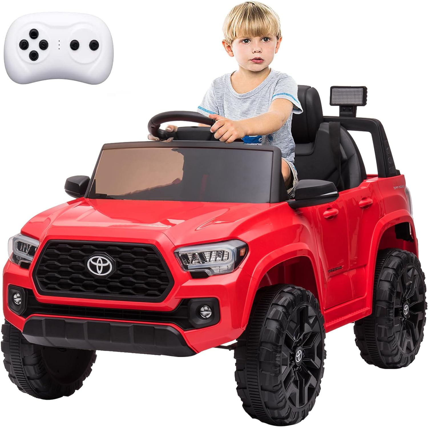 12V Licensed Toyota Tacoma Electric Car with Remote Control, Spring Suspension, Safety Belt, 2-Speed Ride-On Vehicle with Headlights, Red