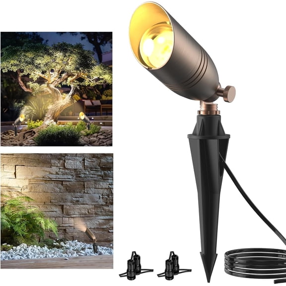12V Low Voltage Brass Landscape Spot Lights, Waterproof LED Uplights & Accent Lighting with Connectors, Heavy Duty Outdoor Garden Path Lights Fixtures Bulb, Bronze (1 Pack)