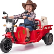 12V Motorcycle, 3-Wheels Electric Tricycle with Trailer, Ride On Tractor Ride on Motorcycle w/Sand Shovel, 2x55W Motor, Bluetooth, Music, Headlight, Gift, Red