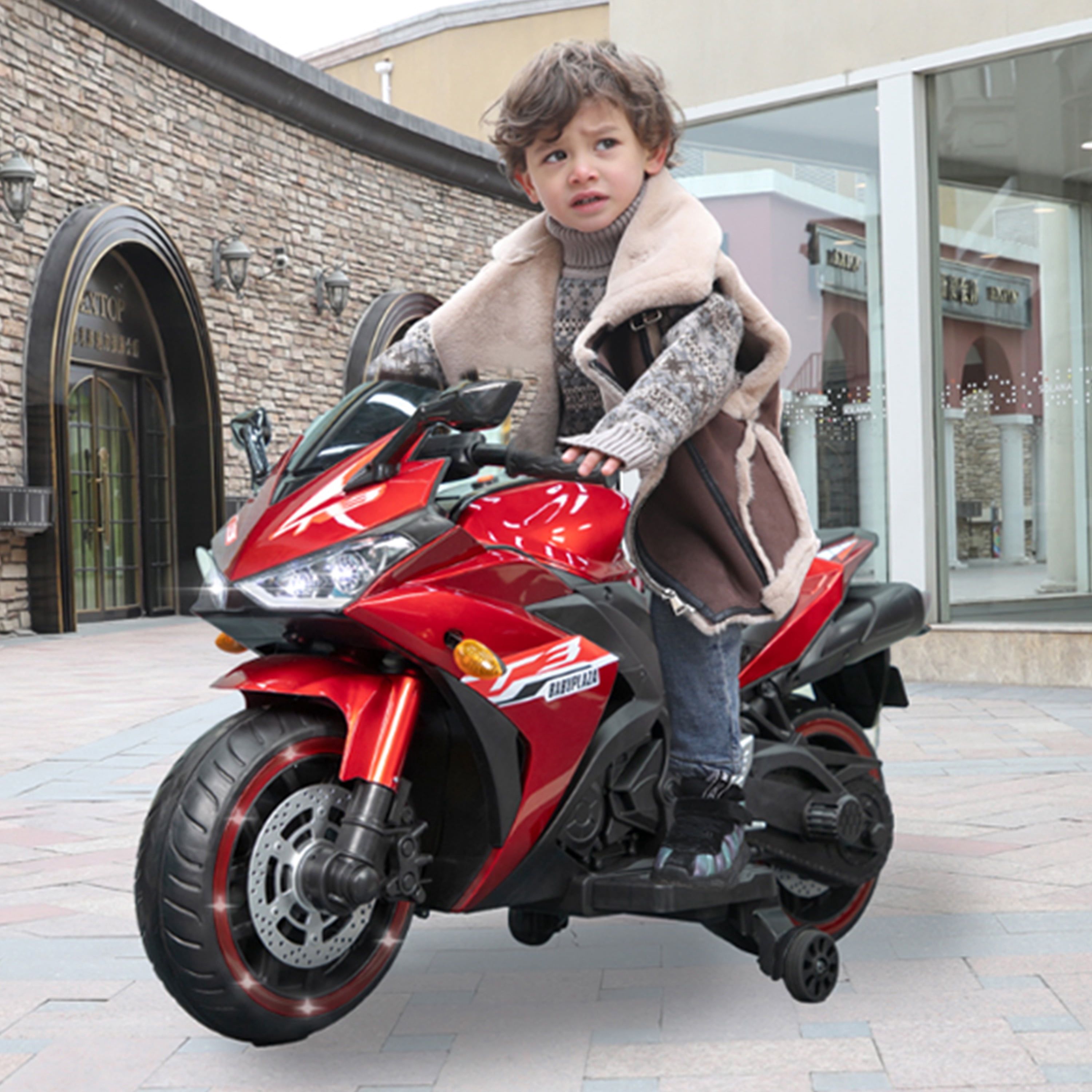 12V Motorcycle Ride-On Toy with Training Wheels, Manual Throttle, Hand Drive & Lighting Wheels for Ages 3-8
