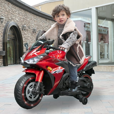12V Motorcycle Ride-On Toy with Training Wheels, Manual Throttle, Hand Drive & Lighting Wheels for Ages 3-8