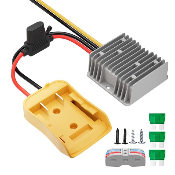 12V Output Converter Adapter for Power Projects, Metal Heatsink Module with Inline Holder, Output Cables and Yellow Dock Set