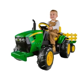 12 V Peg Perego John Deere Ground Force Extra-Large 12 Volt Ride-On Tractor with Trailer & FM Radio, Durable Design for Kids Ages 3-7