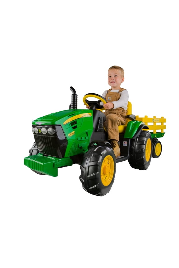 12 V Peg Perego John Deere Ground Force Extra-Large 12 Volt Ride-On Tractor with Trailer & FM Radio, Durable Design for Kids Ages 3-7