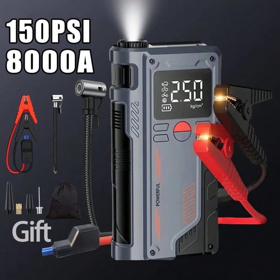 12V Portable 2-In-1 Car Emergency Device: Jump Starter + Air Pump - 150PSI Inflation, -40°C Operation, Fits Most Vehicles