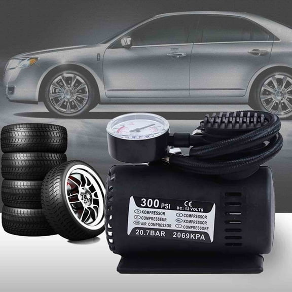 12V Portable Tire Inflator, Multi-Purpose Pump for Car and Motorcycle, Fast Inflation Compressor with Mechanical Gauge, Includes 3 Nozzle Adaptors for Basketball and Pool Toys