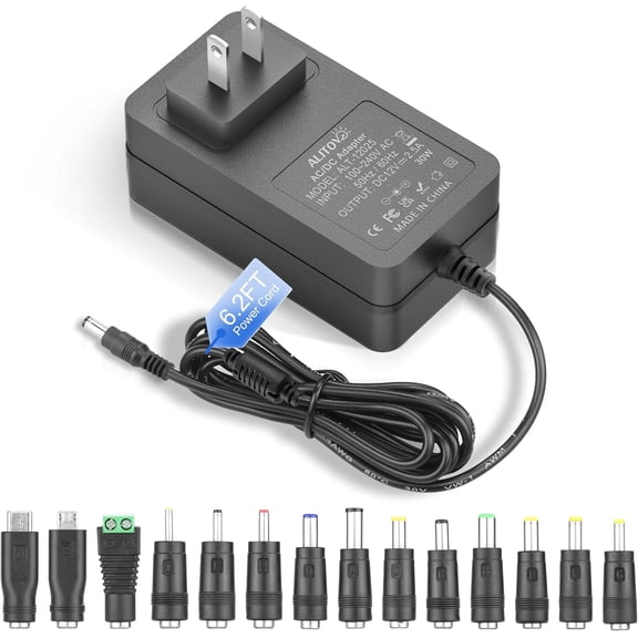 12V Power Supply 2.5A AC/DC Adapter 100~240V 50-60hz to DC 12V Power Cord Transformer 12 Volt Power Supply 2.5 Amp 2A 1.5A 1A 6.2FT with 14 Tips for LED Light CCTV Camera PC Monitor Router