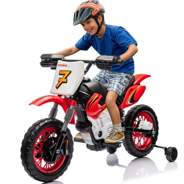 12V Powered Dirt Bike with Training Wheels Kids Electric Motorized Motorcycle Bike for Boys Girls Ride on Motorcycle Toy w Horn for Aged 3 6 Red