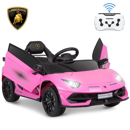 12V Powered Kids Ride on Car Toy with Remote Control, Licensed Lamborghini Sport Car for Girls Boys 3-5 Years Old, Electric Vehicle Car w/ Bluetooth, Fours Wheels (Pink)