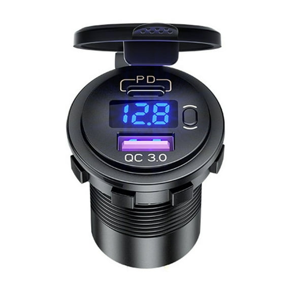 12V QC3.0 USB Car Fast Charger Socket with LED Voltmeter, PC Material - 4X Faster Charging, Over-Protection, Fits 12/24V Vehicles