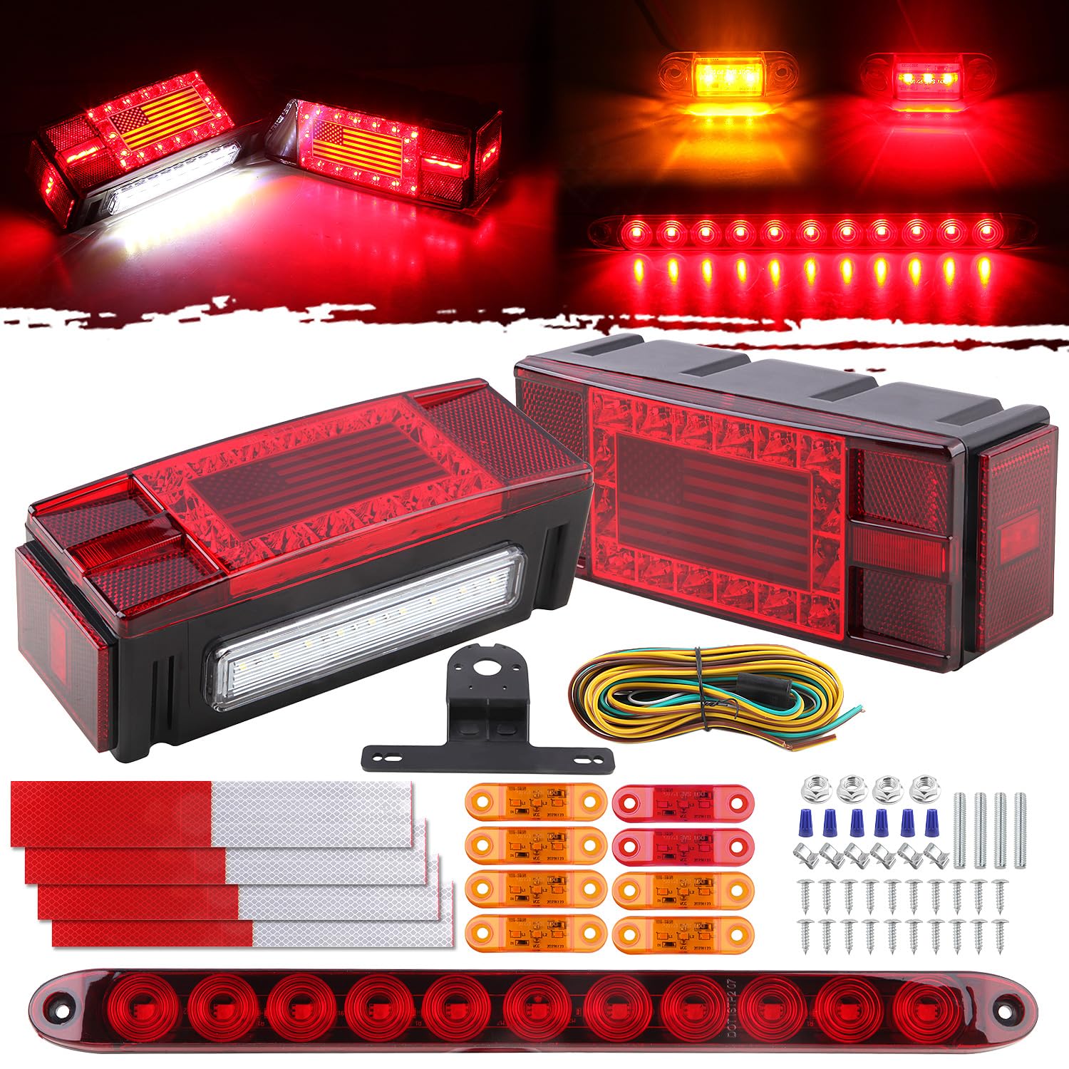 12V Rectangle LED Boat MMF7 Trailer Lights Kit Submersible, Flag