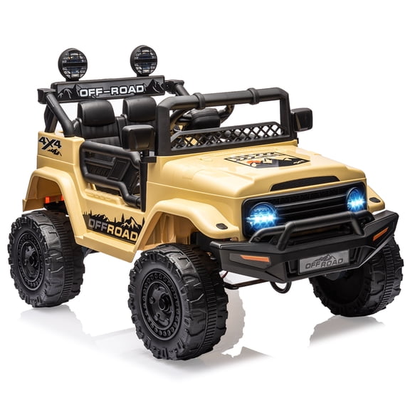 12V Remote Control Ride-On Car, 3 Speeds, Spring Suspension, LED Lights, Bluetooth Music, Parental Brake, for Ages 3-8, 65 lbs Capacity,Khaki