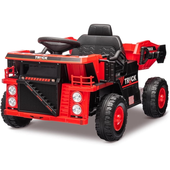 12V Remote Control Ride-On Dump Truck with Electric Lift Bed and Shovel 2-Speed 4-Wheel Suspension Music Construction Toy Red