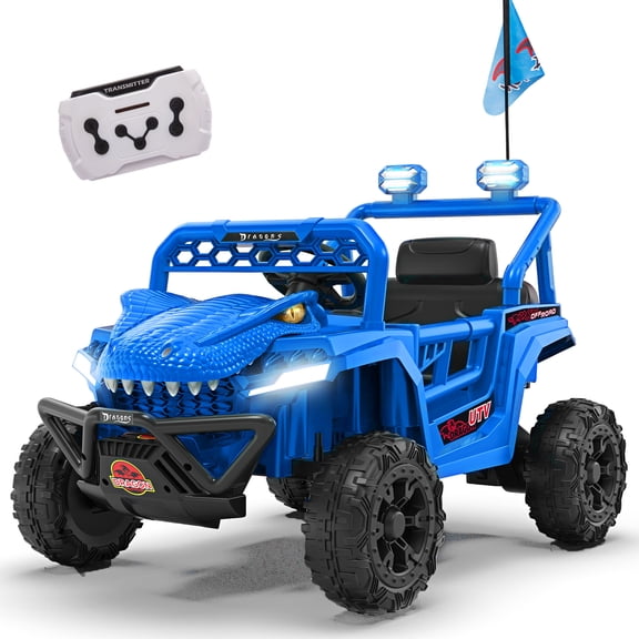 12V Ride On Cars for Kids, Kids Ride on Toys with Remote Control, Dinosaur Kids UTV Cars, 4 Wheel Suspension Electric Vehicle with Bluetooth, Music, LED, Ideal Gift for Boys Girls 2-4, Blue
