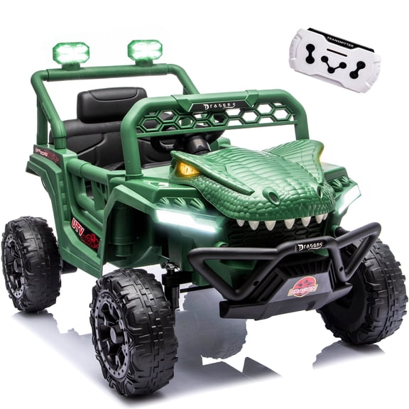 12V Ride On Cars for Kids, Kids Ride on Toys with Remote Control, Dinosaur Kids UTV Cars, 4 Wheel Suspension Electric Vehicle with Bluetooth, Music, LED, Ideal Gift for Boys Girls 2-4, Green