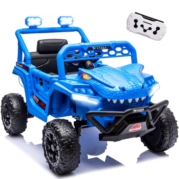 12V Ride On Cars for Kids, Kids Ride on Toys with Remote Control, Dinosaur Kids UTV Cars, 4 Wheel Suspension Electric Vehicle with Bluetooth, Music, LED, Ideal Gift for Boys Girls 2-4, Blue