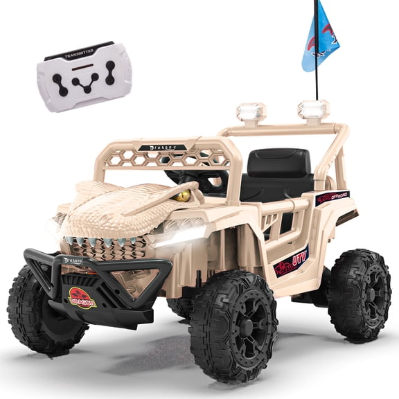 12V Ride On Cars for Kids, Kids Ride on Toys with Remote Control, Dinosaur Kids UTV Cars, 4 Wheel Suspension Electric Vehicle with Bluetooth, Music, LED, Ideal Gift for Boys Girls 2-4, Khaki