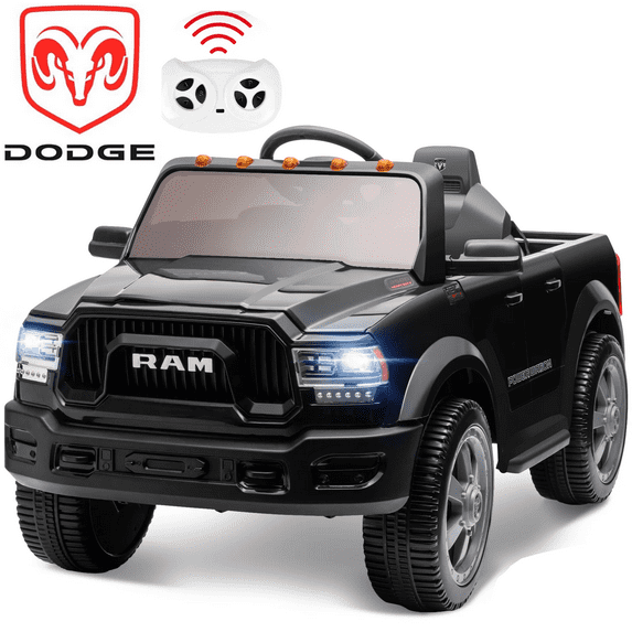 Ram Ride on Car Toys, 12V RAM 2500 Powered Ride on Toy Truck with Remote Control, Electric Car for Kids Girls 3-5 w/ Bluetooth, Rear Storage Trunk, Safety Belt, Rear Wheel Suspension, Black