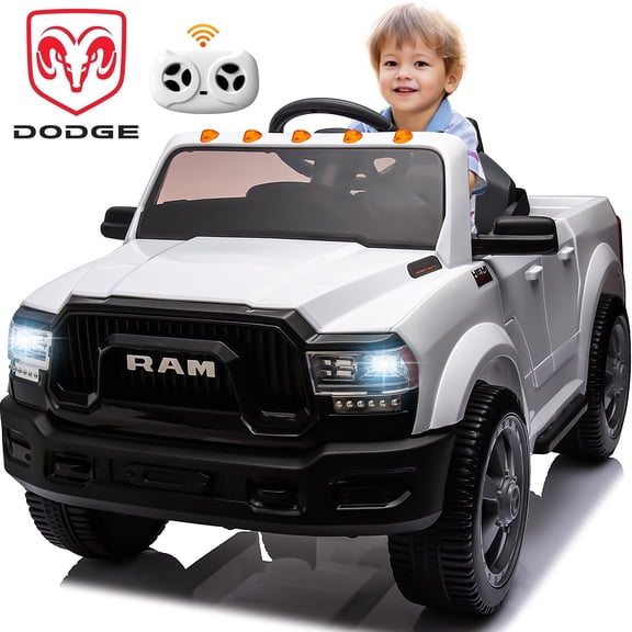 Ucades 12V Dodge RAM 2500 Powered Ride on Toy Car with Remote Control, LED Lights, Ages 3-5, White
