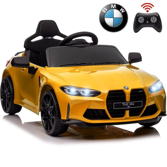 12V Ride on Cars with Remote Control, Licensed BMW M4 Battery Powered Ride on Toys for Kids Boys Girls Gifts, Kids Electric Cars Vehicle with Music, Bluetooth, Story, USB/MP3 Port, LED Light, Yellow