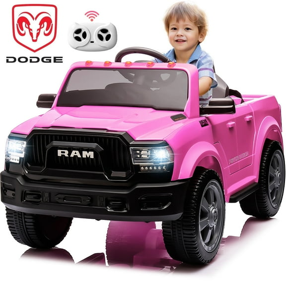12V Ride on Cars with Remote Control, Licensed Dodge RAM 2500 Kids Ride on Toys with Bluetooth, Music, MP3/USB Port, LED Light, 4 Wheeler Kids Electric Cars for Boys Girls Gifts, Pink