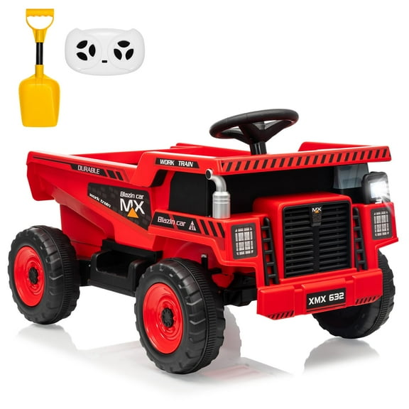 12V Ride On Dump Truck for Kids Electric Ride On Car Toy Toddlers 4 Wheeler Construction Vehicles with Remote Control, Dump Bed, Shovel, LED Lights, Music, for Kids 3-8