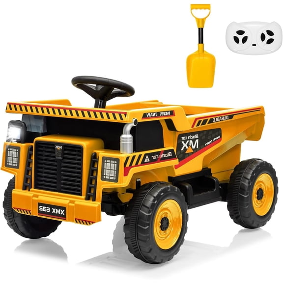 12V Ride on Dump Truck with Remote Control, Construction Vehicle Toy with Dump Bed & Shovel, Music, Headlights, Soft Start, Spacious 16.5" Seat, Ride-on Car Gift